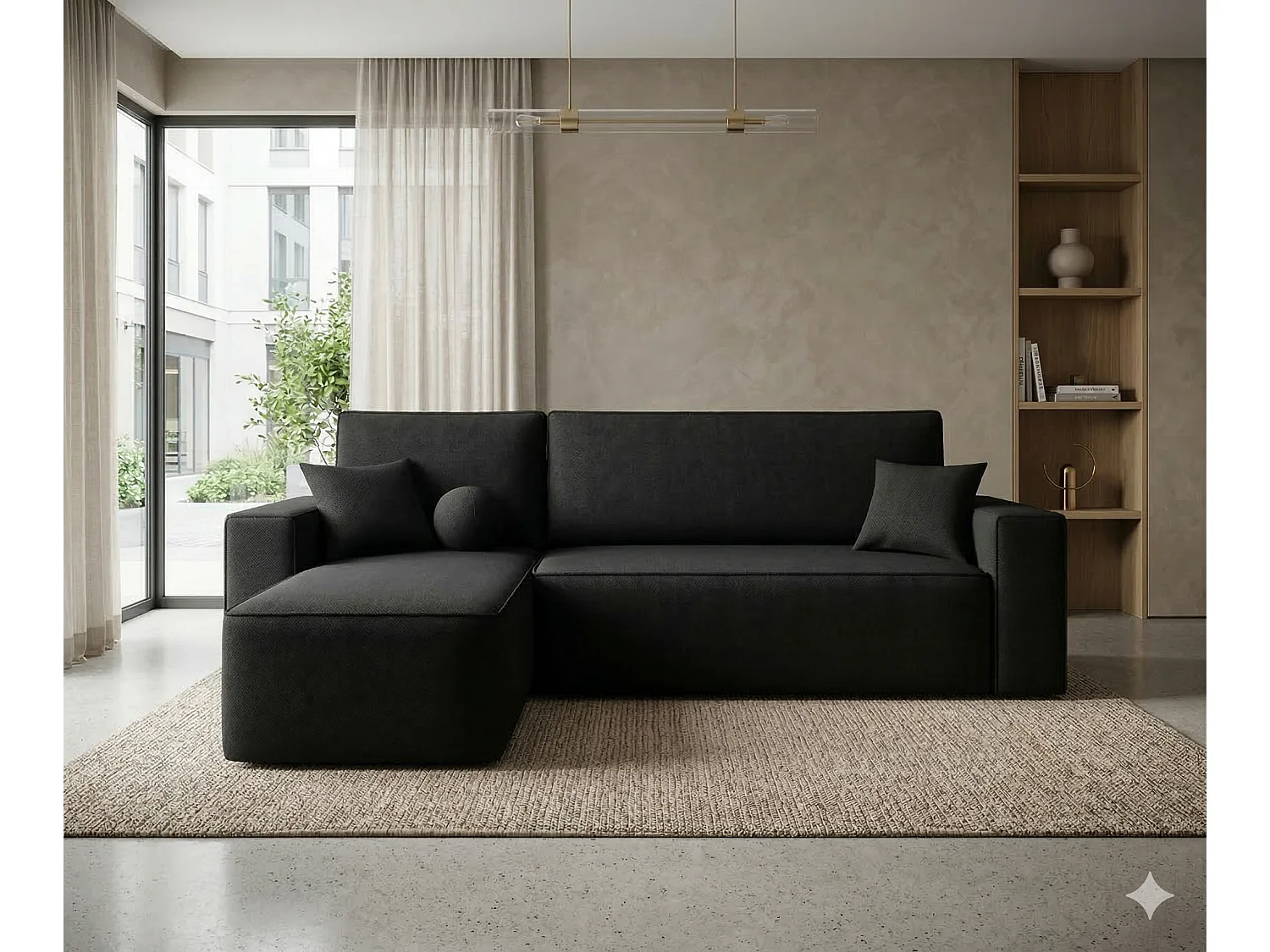 Canapé d’angle tissu convertible avec coffre intégré CENA-Noir-angle gauche