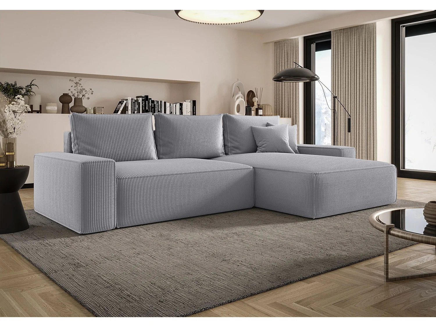 Canapé d'angle CALIFORNIA droit gris velours côtelé Poso 55 - fonction couchage, coffre à literie