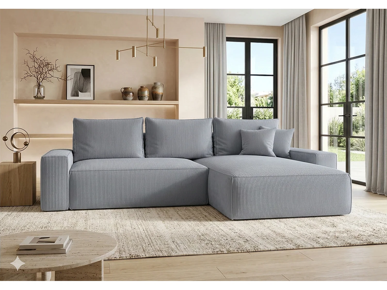 Canapé d’angle velours convertible avec coffre NINA-Gris-angle droit