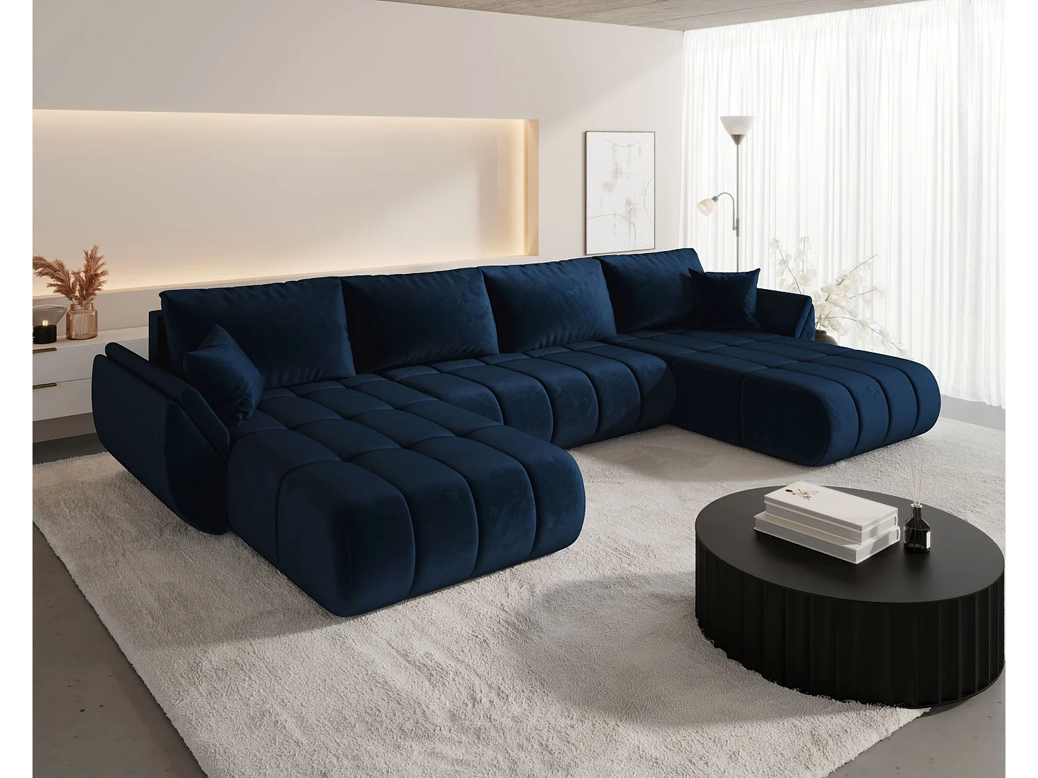 Canapé d'angle SYDNEY PREMIUM en U bleu foncé velours Monolith 77 - fonction couchage, coffre à literie