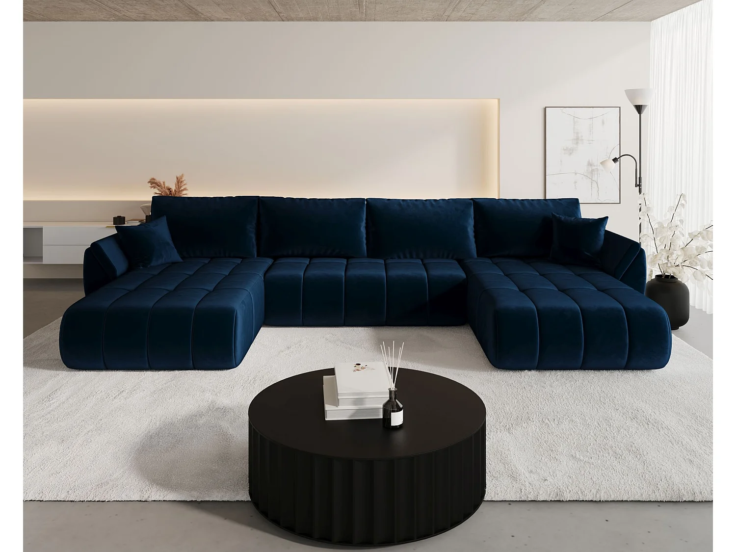 Canapé d'angle SYDNEY PREMIUM en U bleu foncé velours Monolith 77 - fonction couchage, coffre à literie