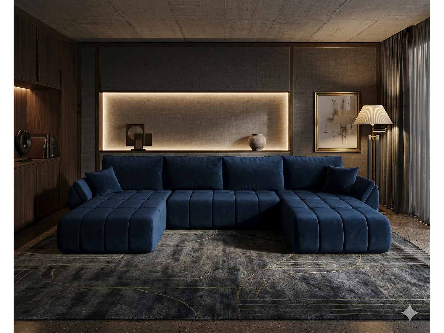 Canapé d’angle velours panoramique convertible avec coffre LUMEN-Bleu foncé