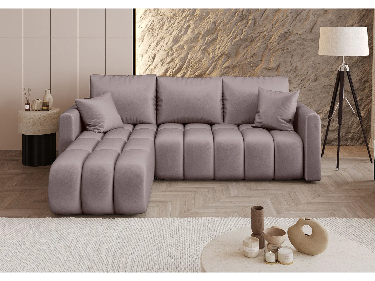 Canapé d'angle GARDA gauche rose foncé velours Monolith 62 - fonction couchage, coffre à literie