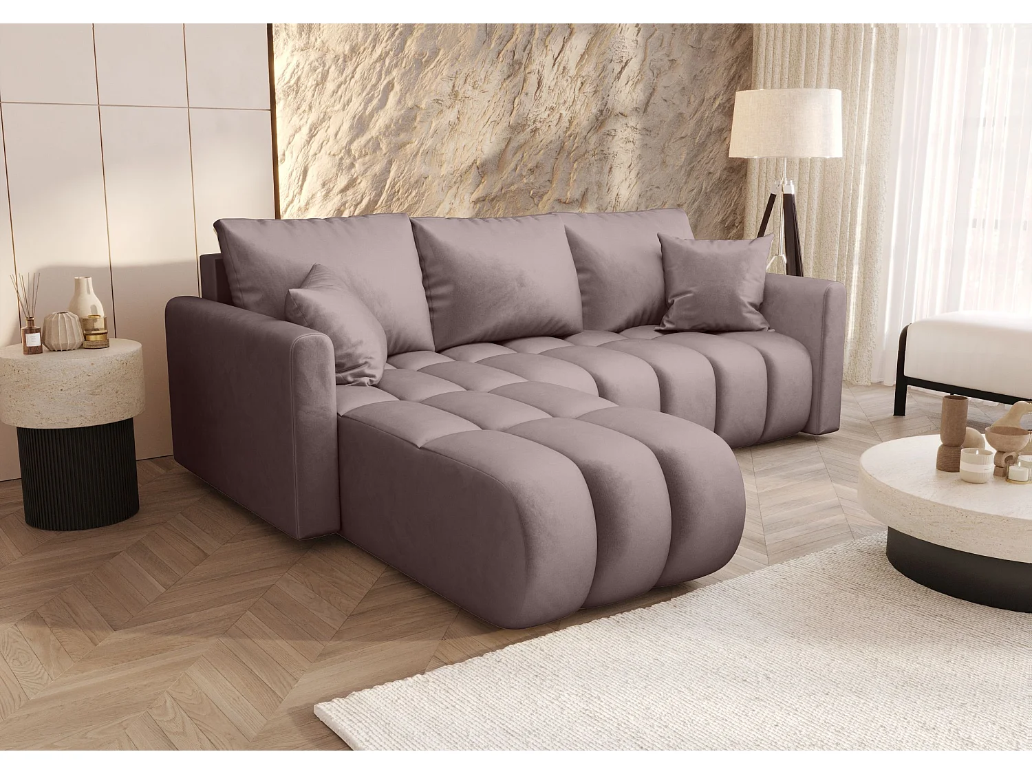 Canapé d'angle GARDA gauche rose foncé velours Monolith 62 - fonction couchage, coffre à literie