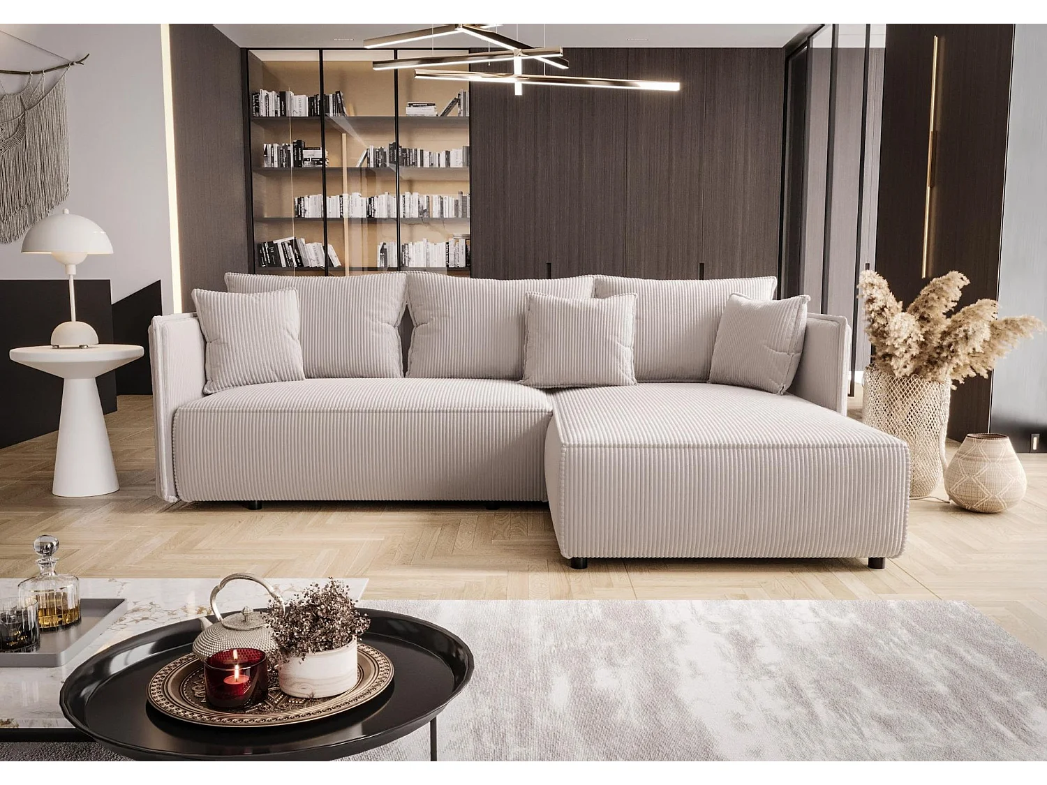 Canapé d'angle MILANO droit blanc velours côtelé Poso 100 - fonction couchage, coffre à literie