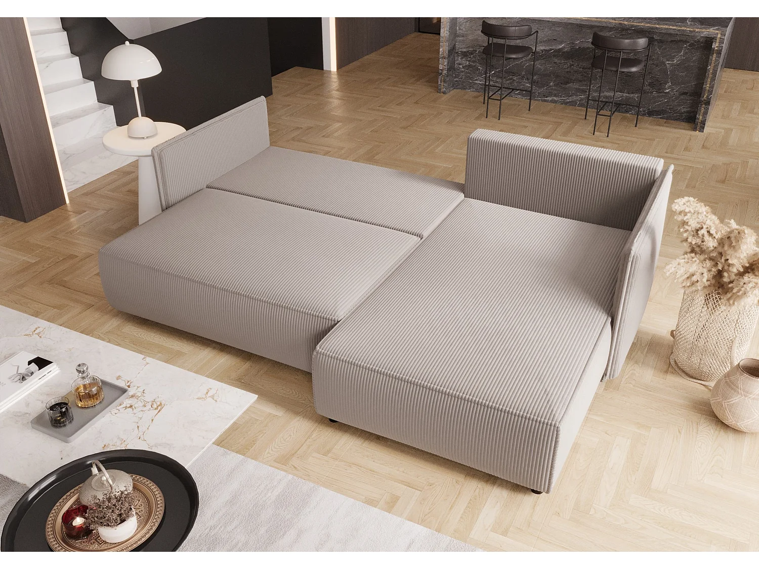 Canapé d'angle MILANO droit blanc velours côtelé Poso 100 - fonction couchage, coffre à literie