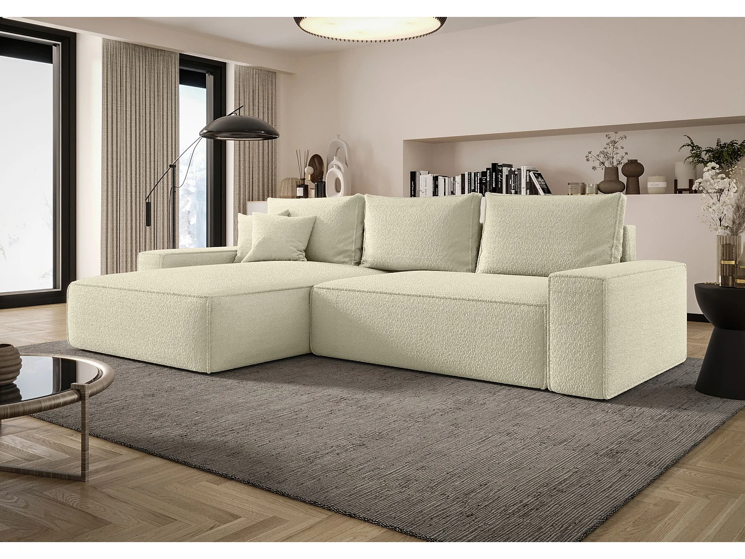 Canapé d'angle CALIFORNIA gauche Jasny Bezowy Bukle Quelle 2 - fonction couchage, coffre à literie