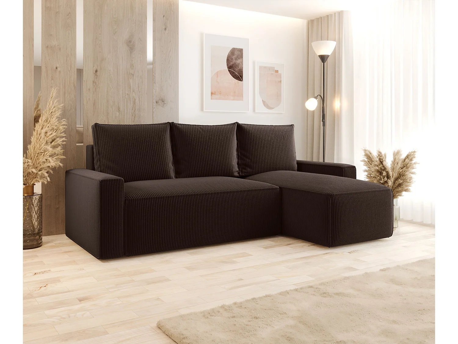 Canapé d'angle HAVANA droit marron velours côtelé Poso 6 - fonction couchage, coffre à literie