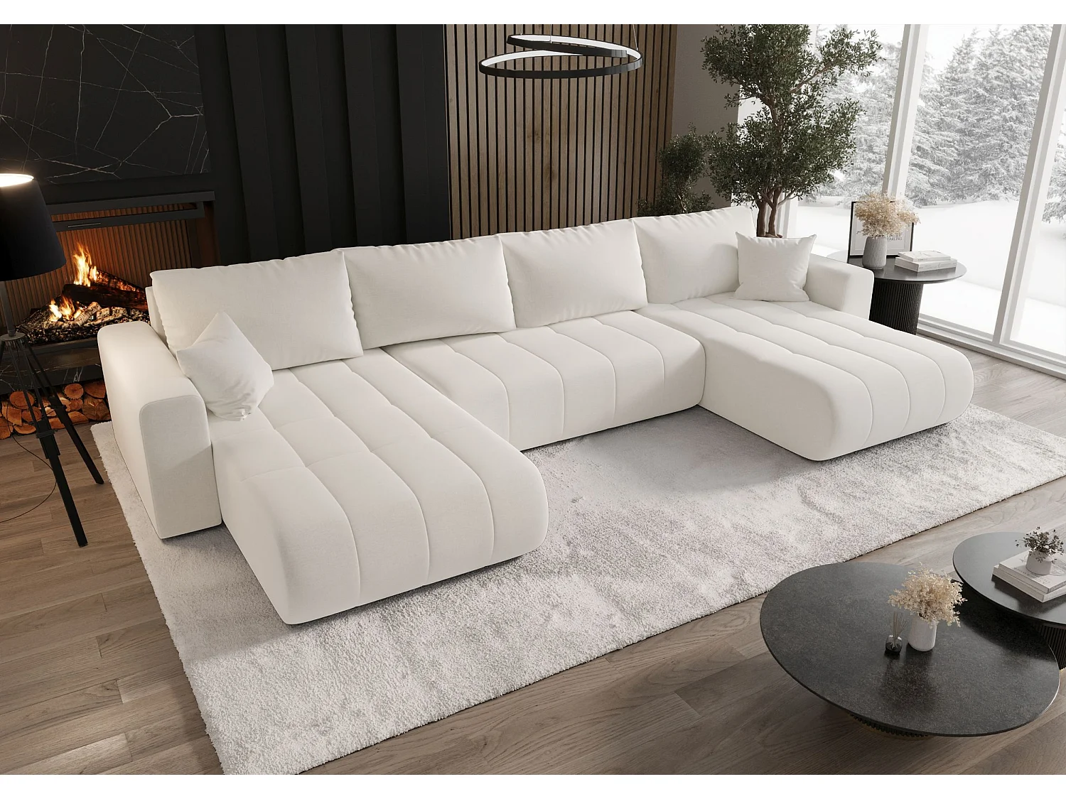 Canapé d'angle LARA en U blanc tricot Wind 2 - fonction couchage, coffre à literie