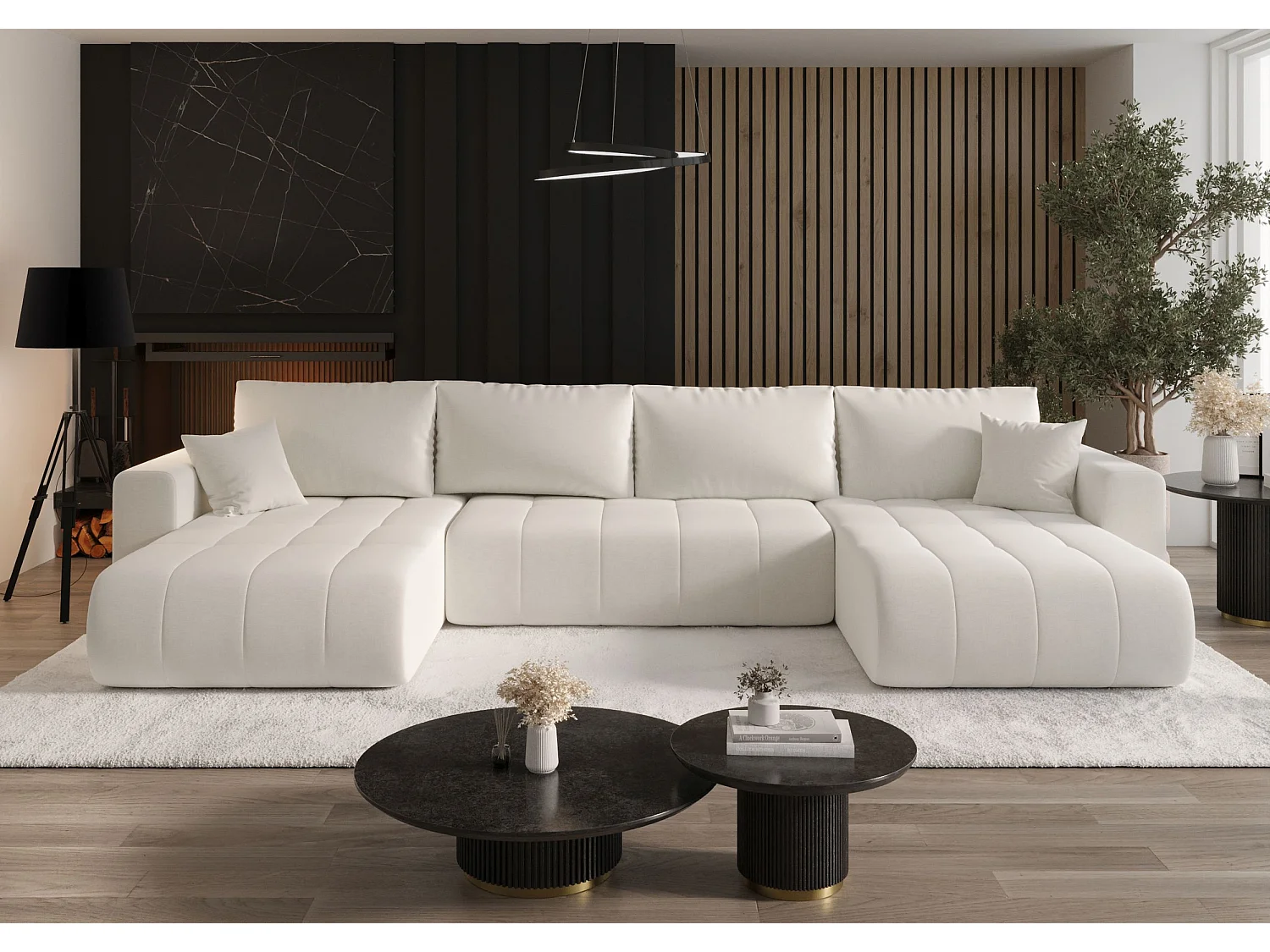 Canapé d'angle LARA en U blanc tricot Wind 2 - fonction couchage, coffre à literie