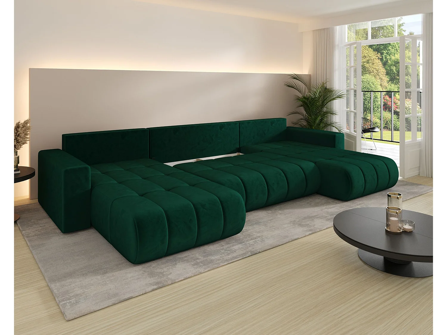 Canapé d'angle LARA en U blanc tricot Wind 2 - fonction couchage, coffre à literie
