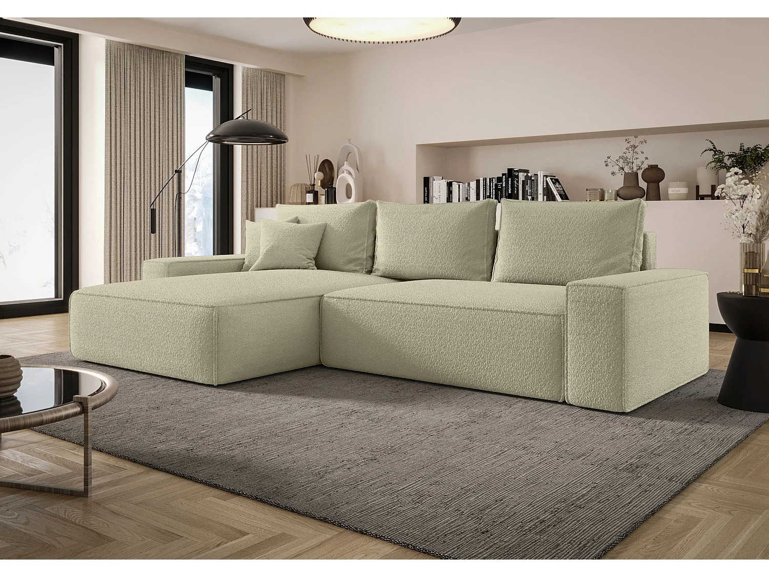 Canapé d'angle CALIFORNIA gauche beige foncé Bukle Quelle 6 - fonction couchage, coffre à literie