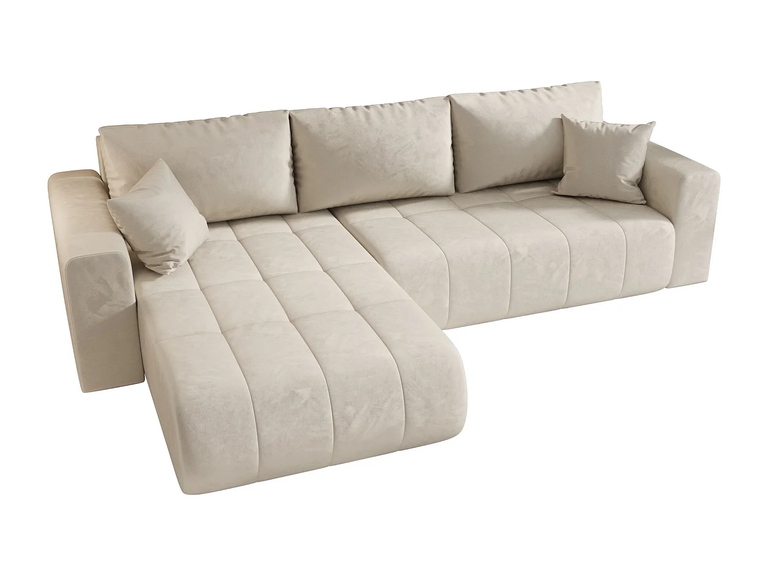 Canapé d'angle LARA gauche beige velours Monolith 2 - fonction couchage, coffre à literie