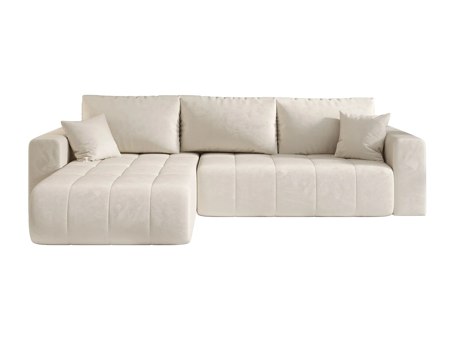 Canapé d'angle LARA gauche beige velours Monolith 2 - fonction couchage, coffre à literie