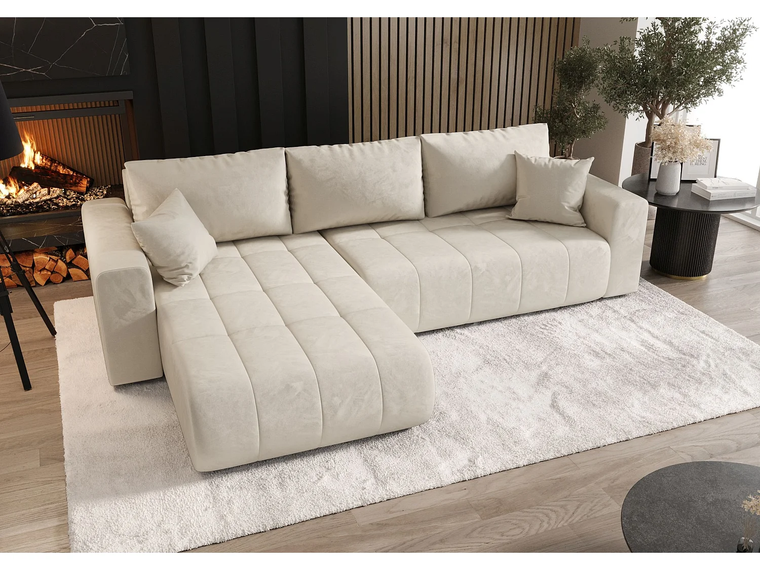 Canapé d'angle LARA gauche beige velours Monolith 2 - fonction couchage, coffre à literie