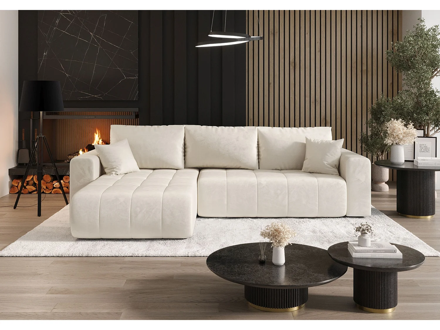 Canapé d'angle LARA gauche beige velours Monolith 2 - fonction couchage, coffre à literie