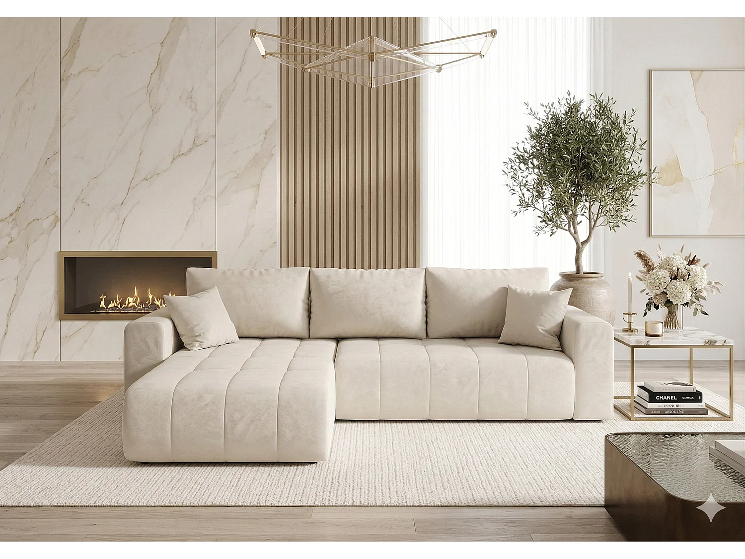 Canapé d'angle convertible en velours MILO-Beige-angle gauche