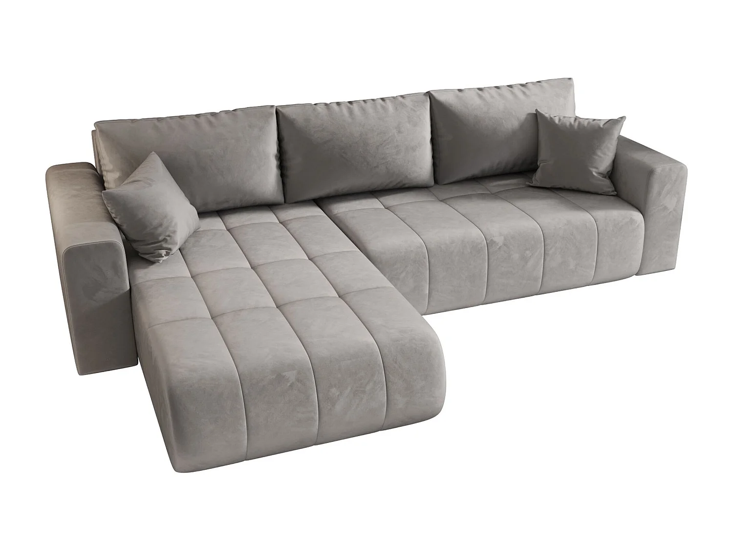 Canapé d'angle LARA gauche gris clair velours Monolith 84 - fonction couchage, coffre à literie