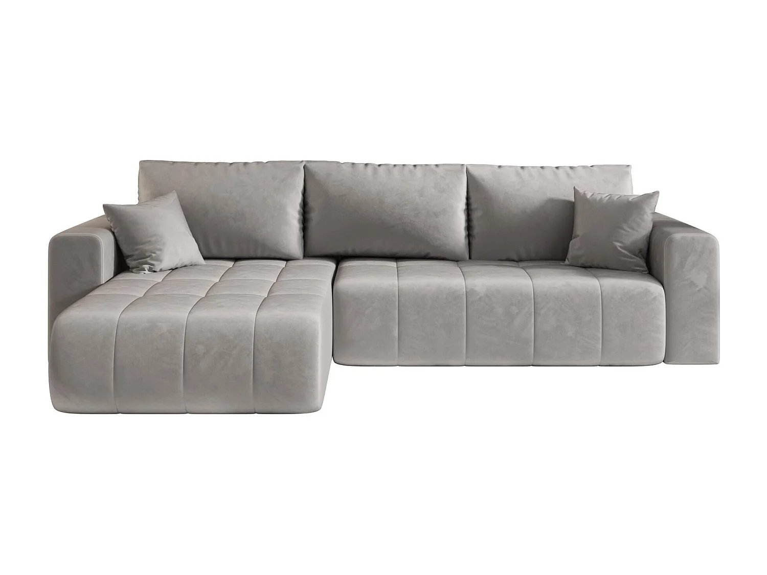 Canapé d'angle LARA gauche gris clair velours Monolith 84 - fonction couchage, coffre à literie