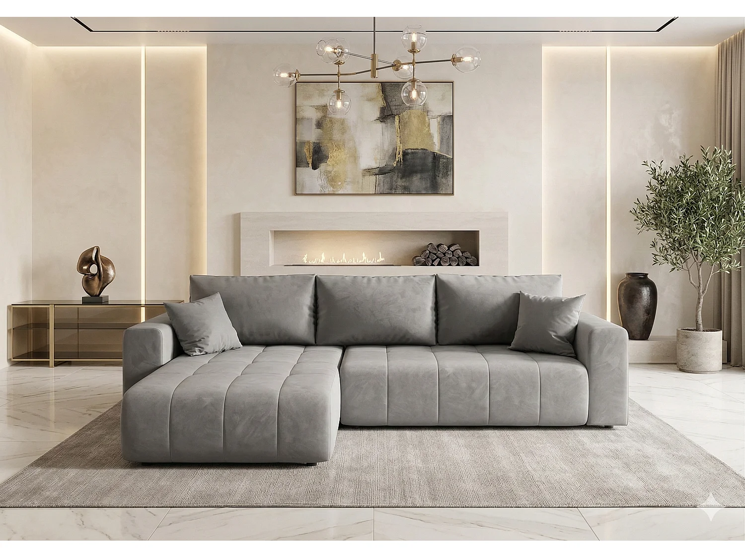 Canapé d'angle convertible en velours MILO-Gris clair-angle gauche
