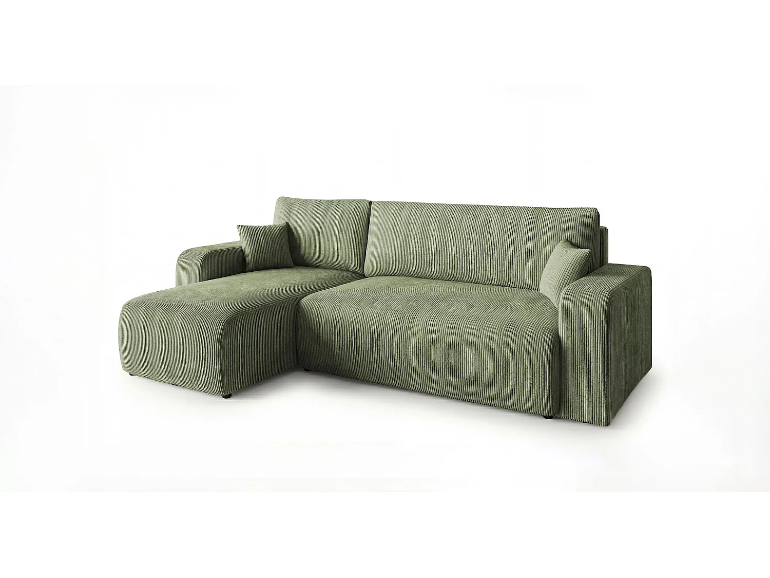 Canapé d'angle PARIS gauche vert clair velours côtelé Poso 47 - fonction couchage, coffre à literie