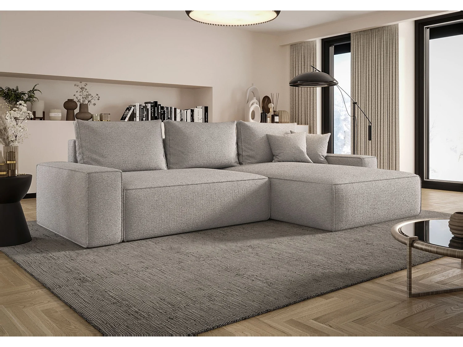 Canapé d'angle CALIFORNIA droit gris clair tricot Aragon 80 - fonction couchage, coffre à literie