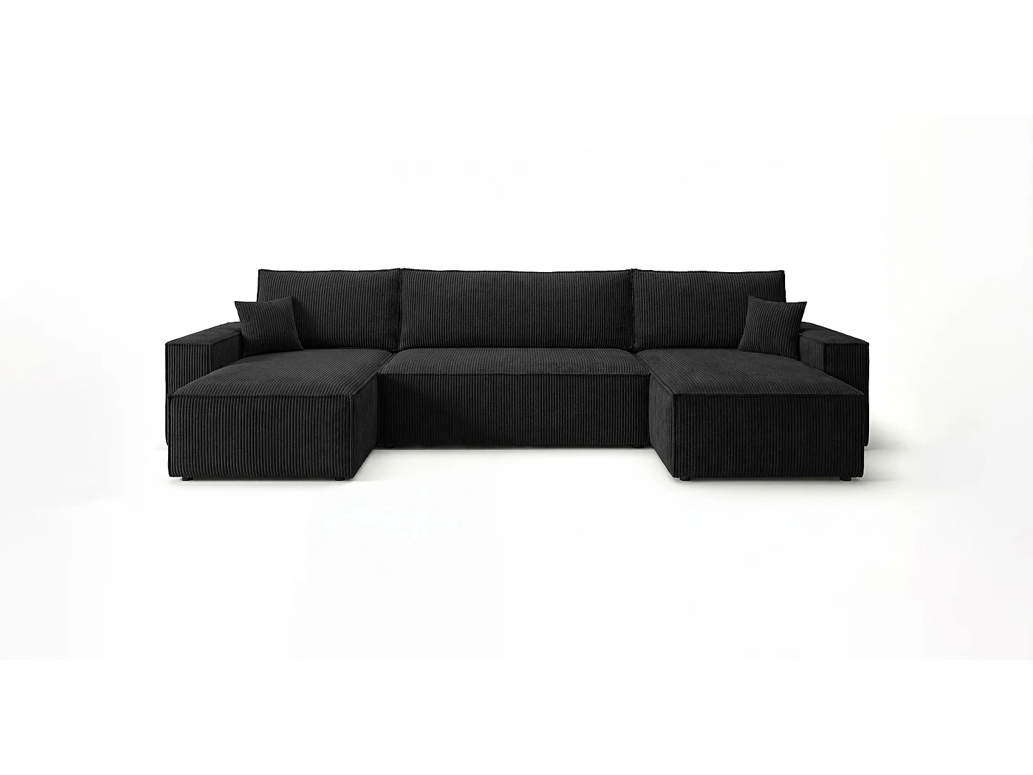 Canapé d'angle CALIFORNIA MINI en U noir velours côtelé Poso 135 - fonction couchage, coffre à literie