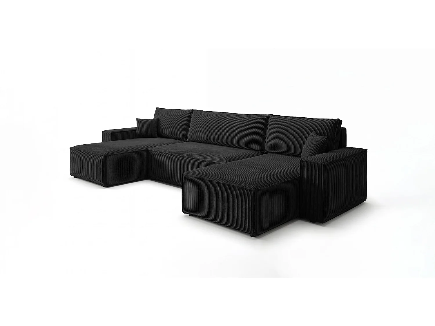 Canapé d'angle CALIFORNIA MINI en U noir velours côtelé Poso 135 - fonction couchage, coffre à literie