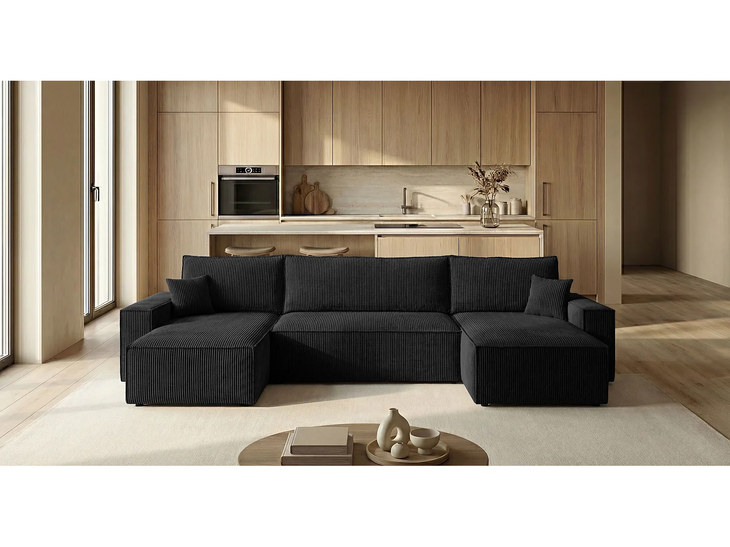 Canapé d'angle CALIFORNIA MINI en U noir velours côtelé Poso 135 - fonction couchage, coffre à literie