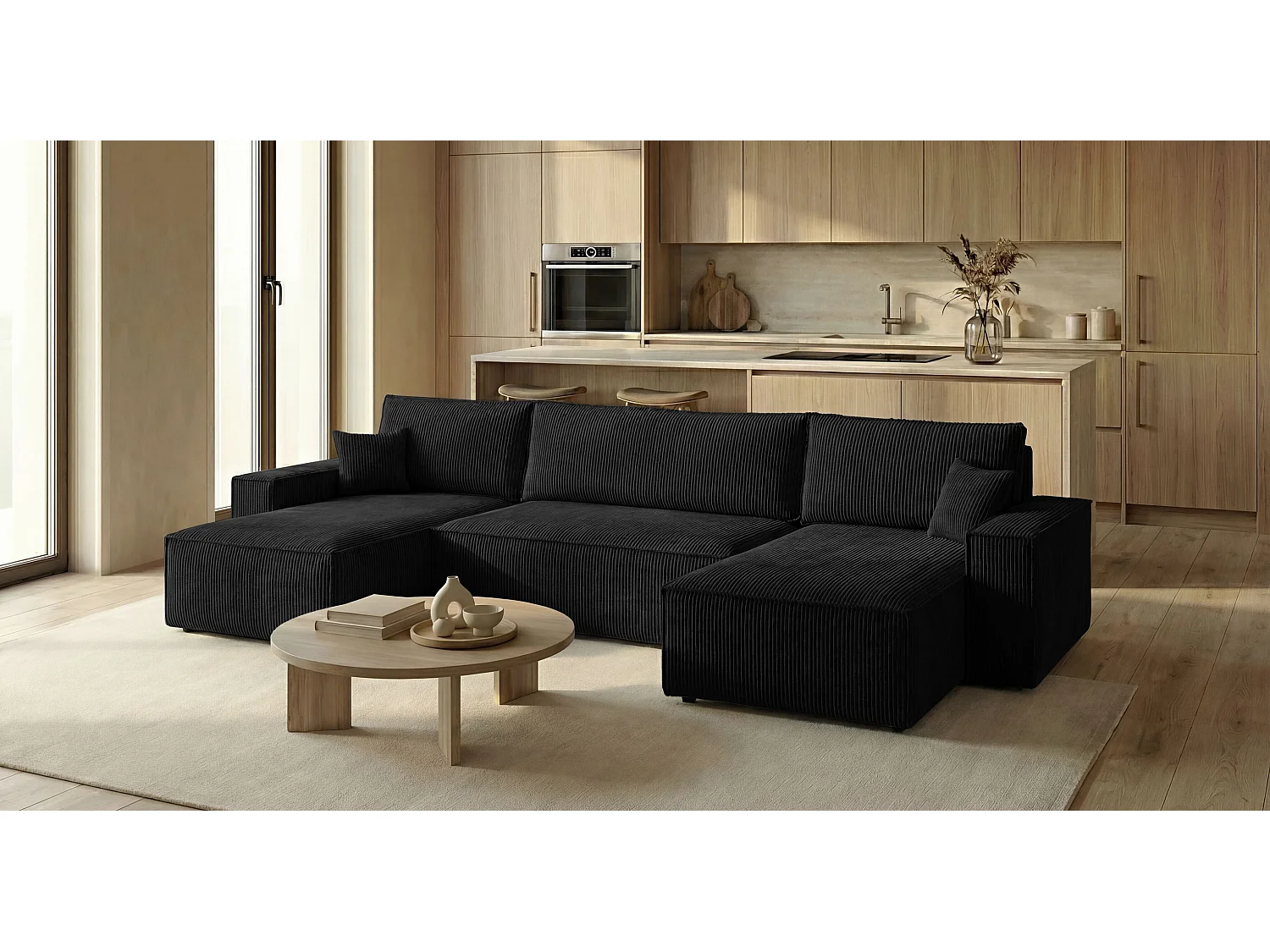 Canapé d'angle CALIFORNIA MINI en U noir velours côtelé Poso 135 - fonction couchage, coffre à literie