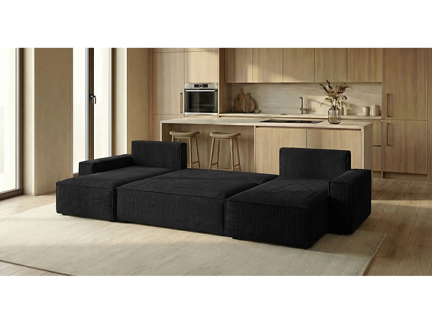 Canapé d'angle CALIFORNIA MINI en U noir velours côtelé Poso 135 - fonction couchage, coffre à literie