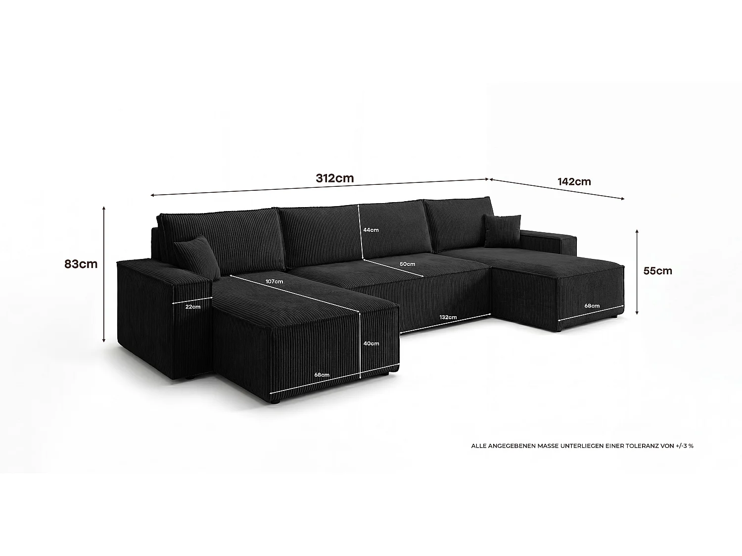 Canapé d'angle CALIFORNIA MINI en U noir velours côtelé Poso 135 - fonction couchage, coffre à literie