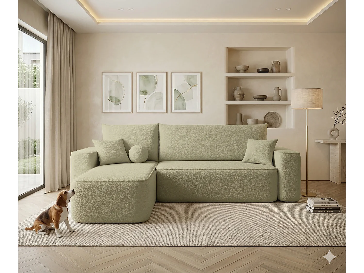 Canapé d'angle gauche 3 places convertible avec coffre en tissu beige CENA