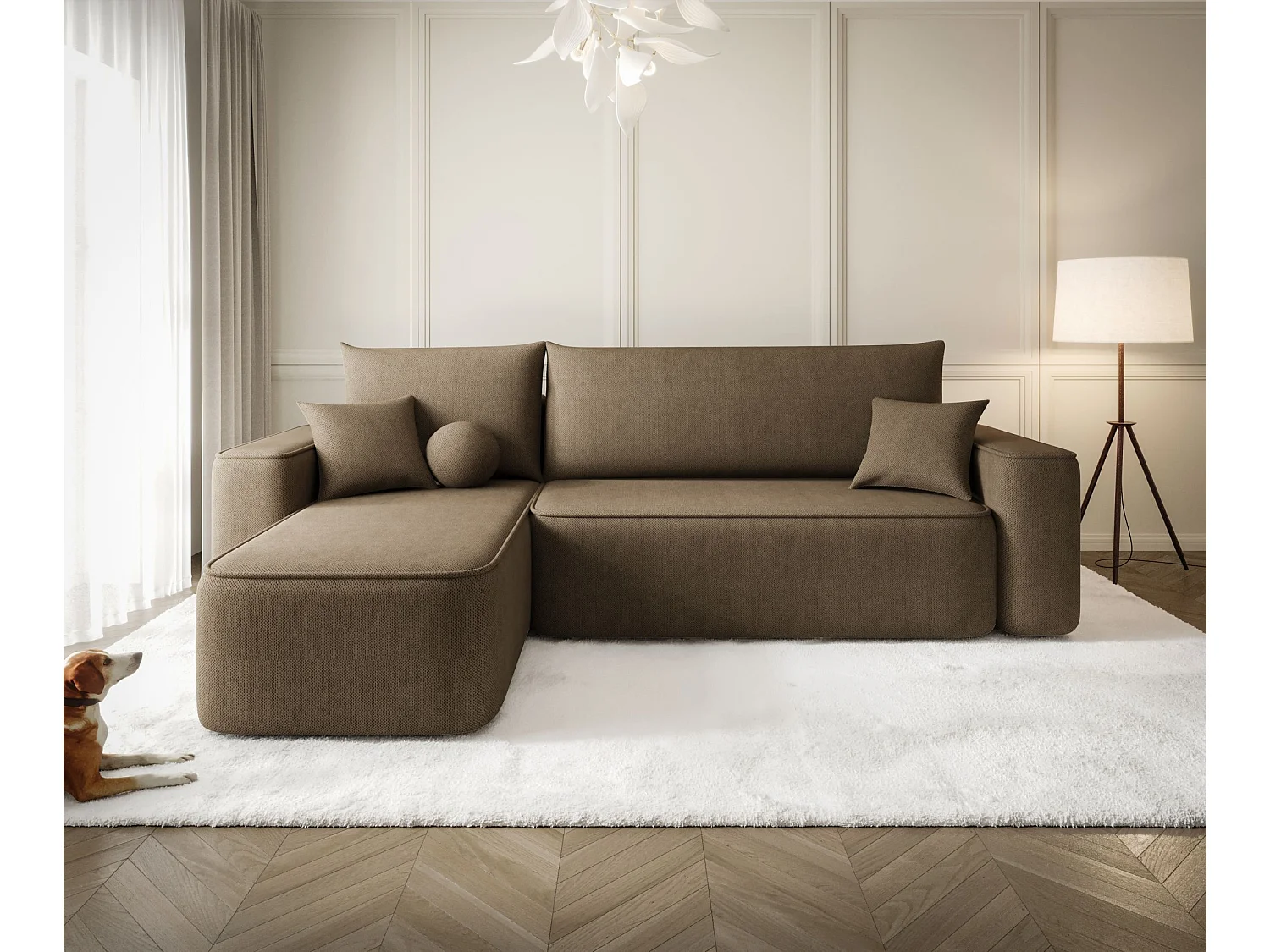 Canapé d'angle TEXAS gauche marron tricot Curio 20 - fonction couchage, coffre à literie
