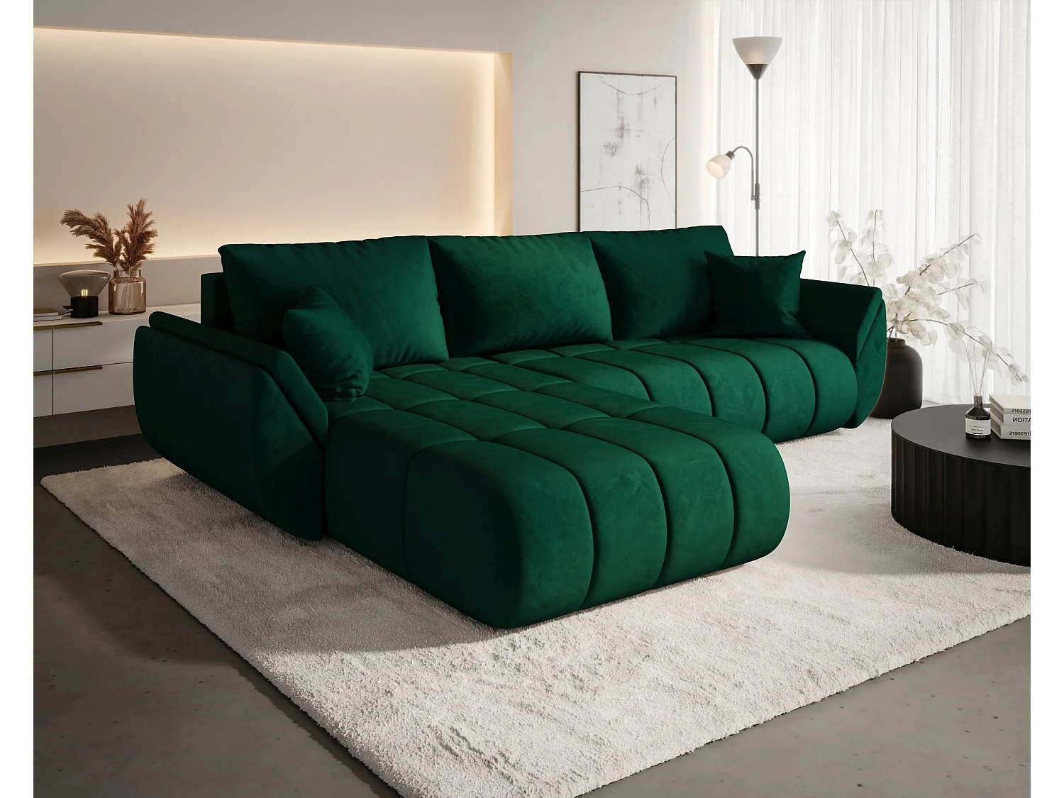 Canapé d'angle SYDNEY PREMIUM gauche vert velours Monolith 37 - fonction couchage, coffre à literie