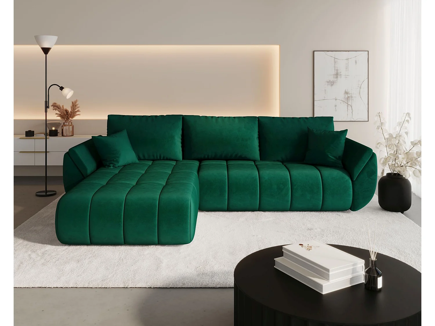 Canapé d'angle SYDNEY PREMIUM gauche vert velours Monolith 37 - fonction couchage, coffre à literie