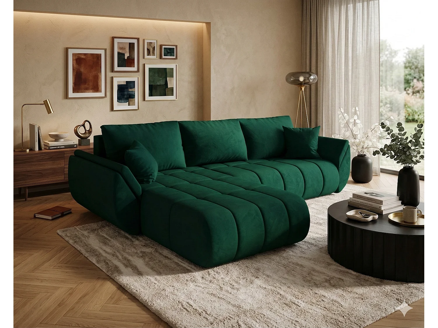 Canapé d’angle velours convertible avec coffre design moderne ARCO-Vert-angle gauche