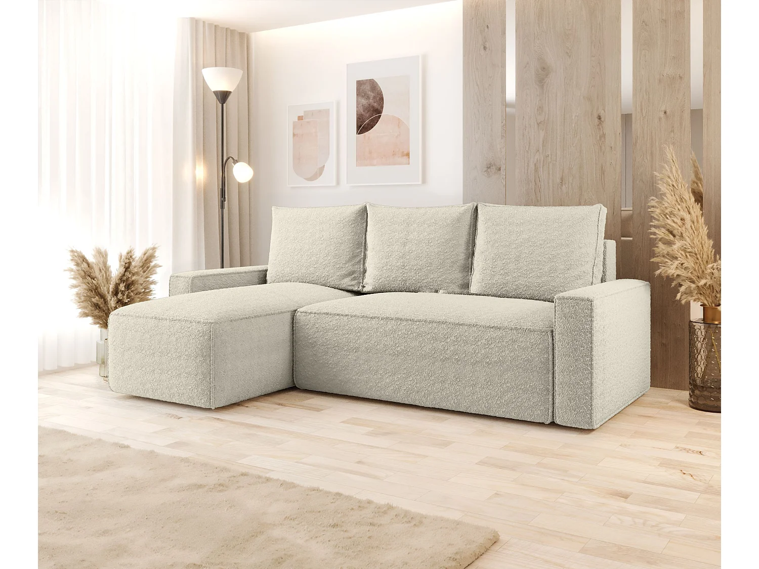 Canapé d'angle HAVANA gauche beige Bukle Quelle 3 - fonction couchage, coffre à literie