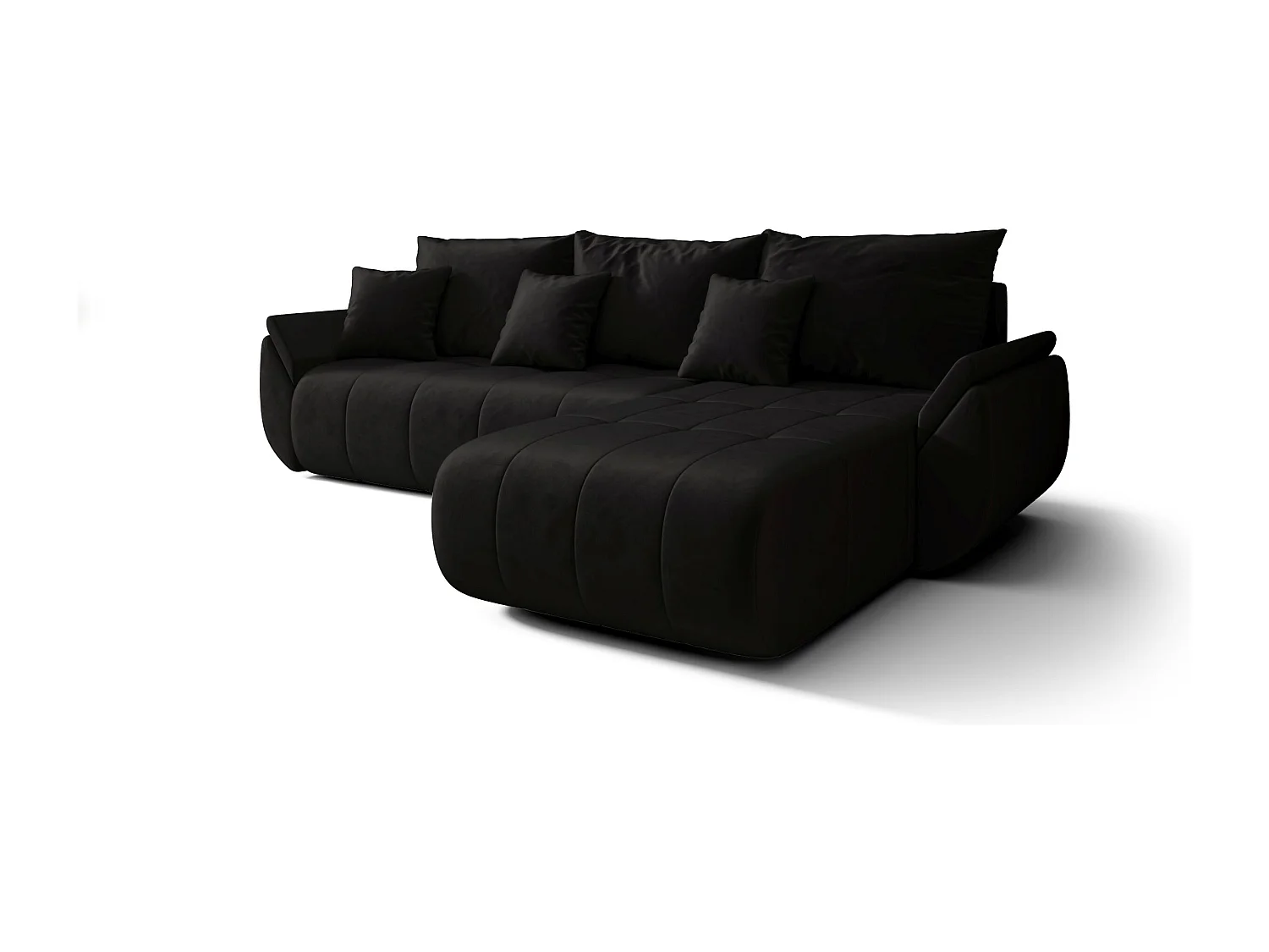 Canapé d'angle SYDNEY droit noir velours Monolith 97 - fonction couchage, coffre à literie