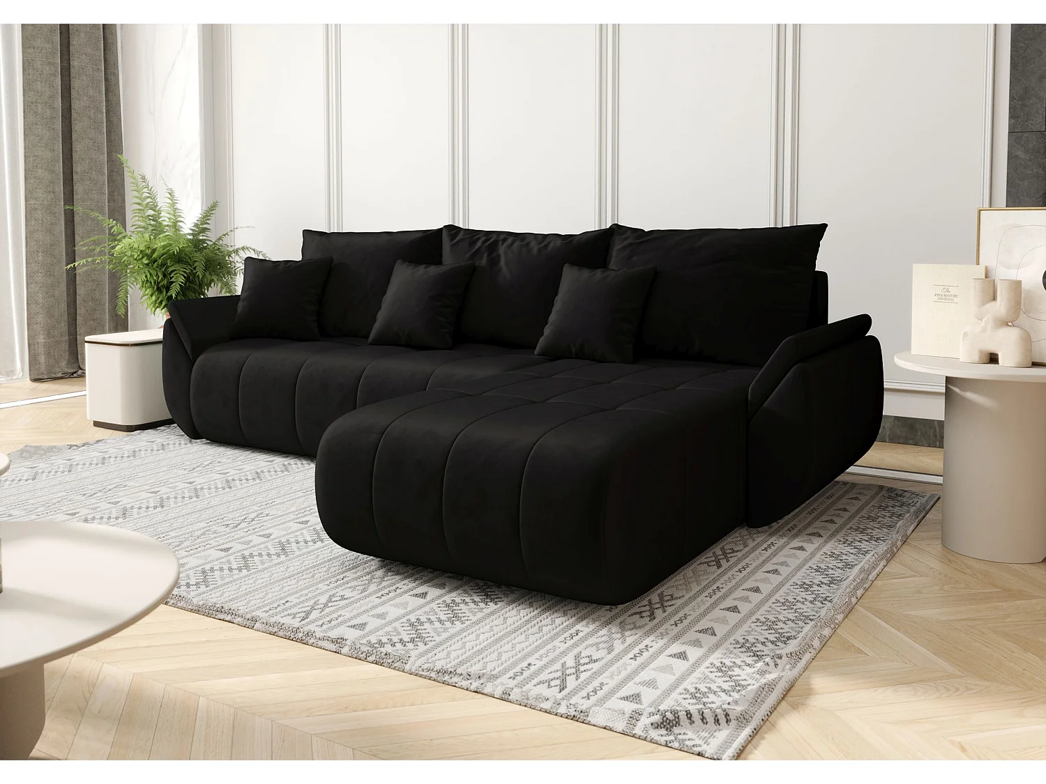 Canapé d'angle SYDNEY droit noir velours Monolith 97 - fonction couchage, coffre à literie