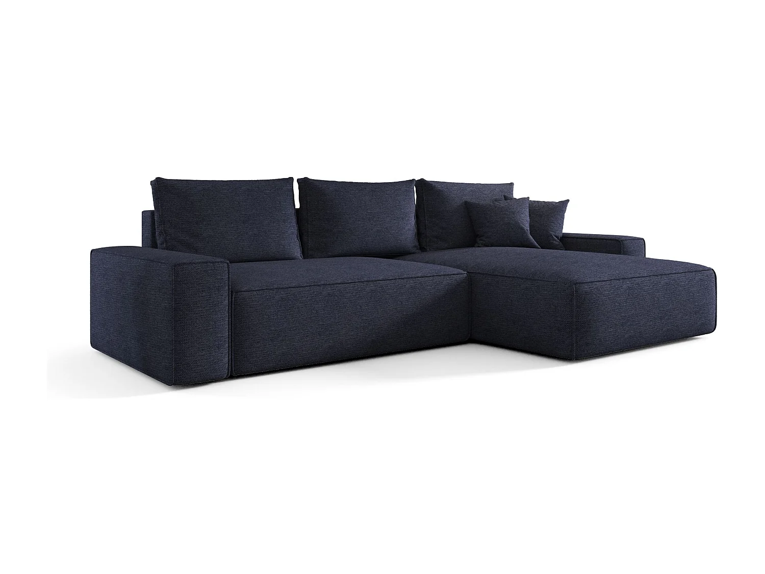 Canapé d'angle CALIFORNIA droit bleu foncé tricot Aragon 79 - fonction couchage, coffre à literie