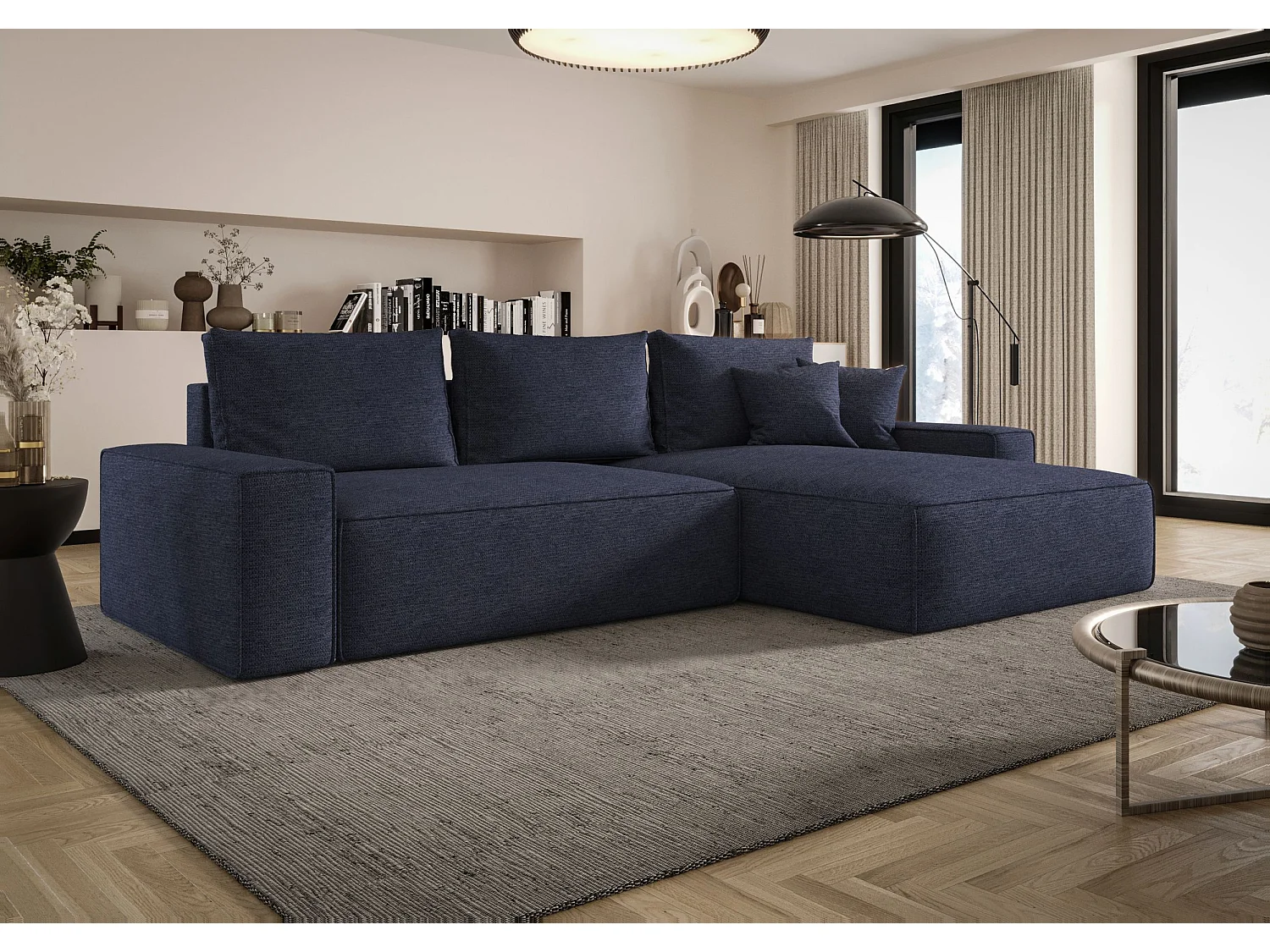 Canapé d'angle CALIFORNIA droit bleu foncé tricot Aragon 79 - fonction couchage, coffre à literie