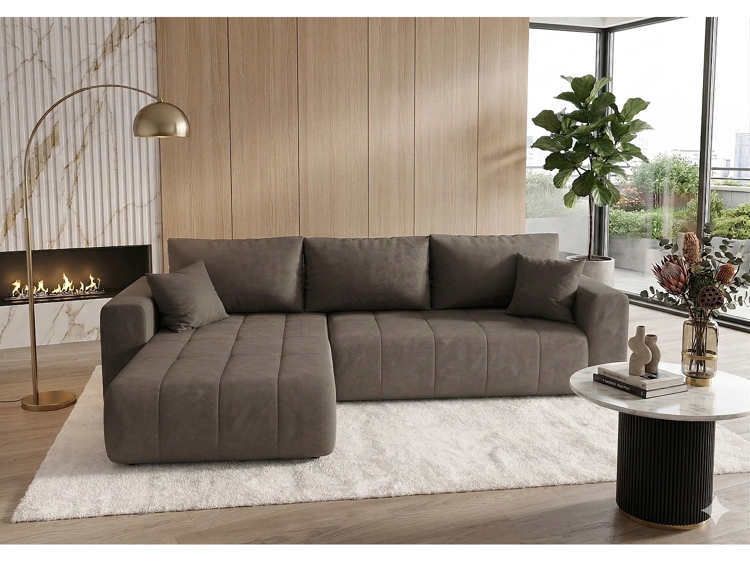 Canapé d'angle convertible en velours MILO-Marron-angle gauche