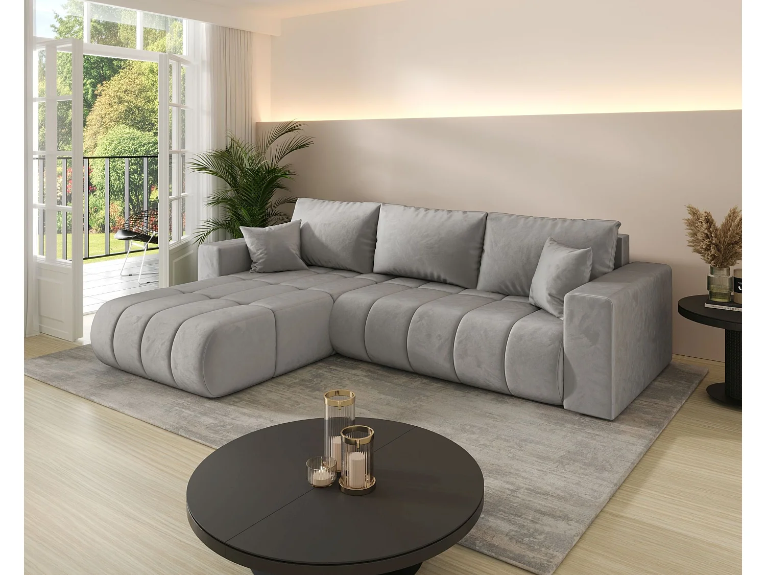 Canapé d'angle LARA PREMIUM gauche gris clair velours Monolith 84 - fonction couchage, coffre à literie