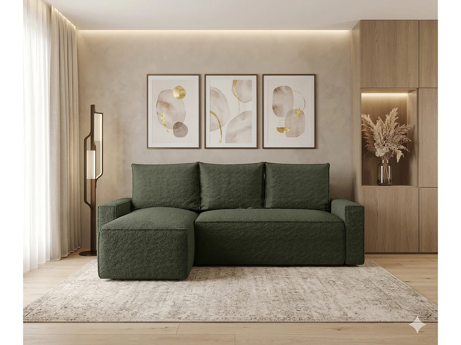 Canapé d'angle gauche 3 places convertible avec coffre en tissu vert NORE