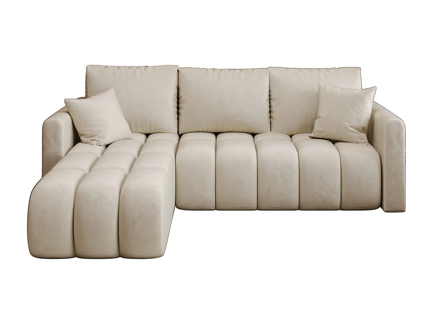 Canapé d'angle GARDA gauche beige velours Monolith 2 - fonction couchage, coffre à literie