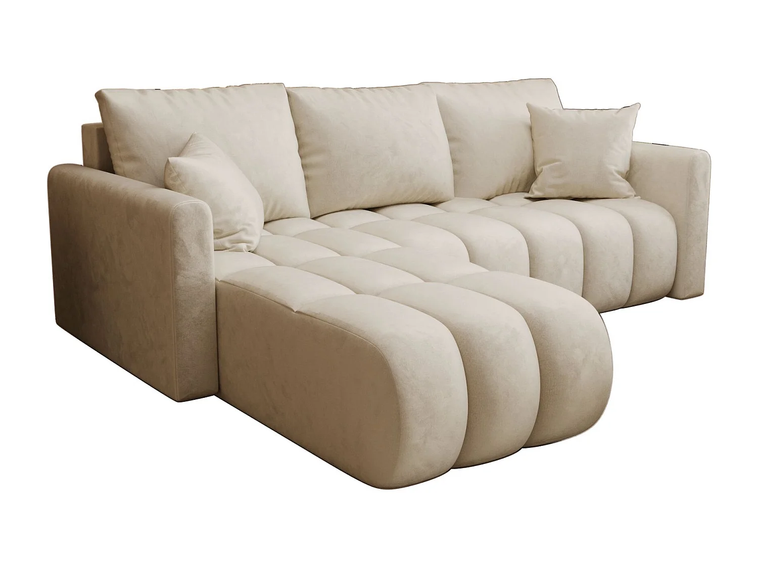 Canapé d'angle GARDA gauche beige velours Monolith 2 - fonction couchage, coffre à literie