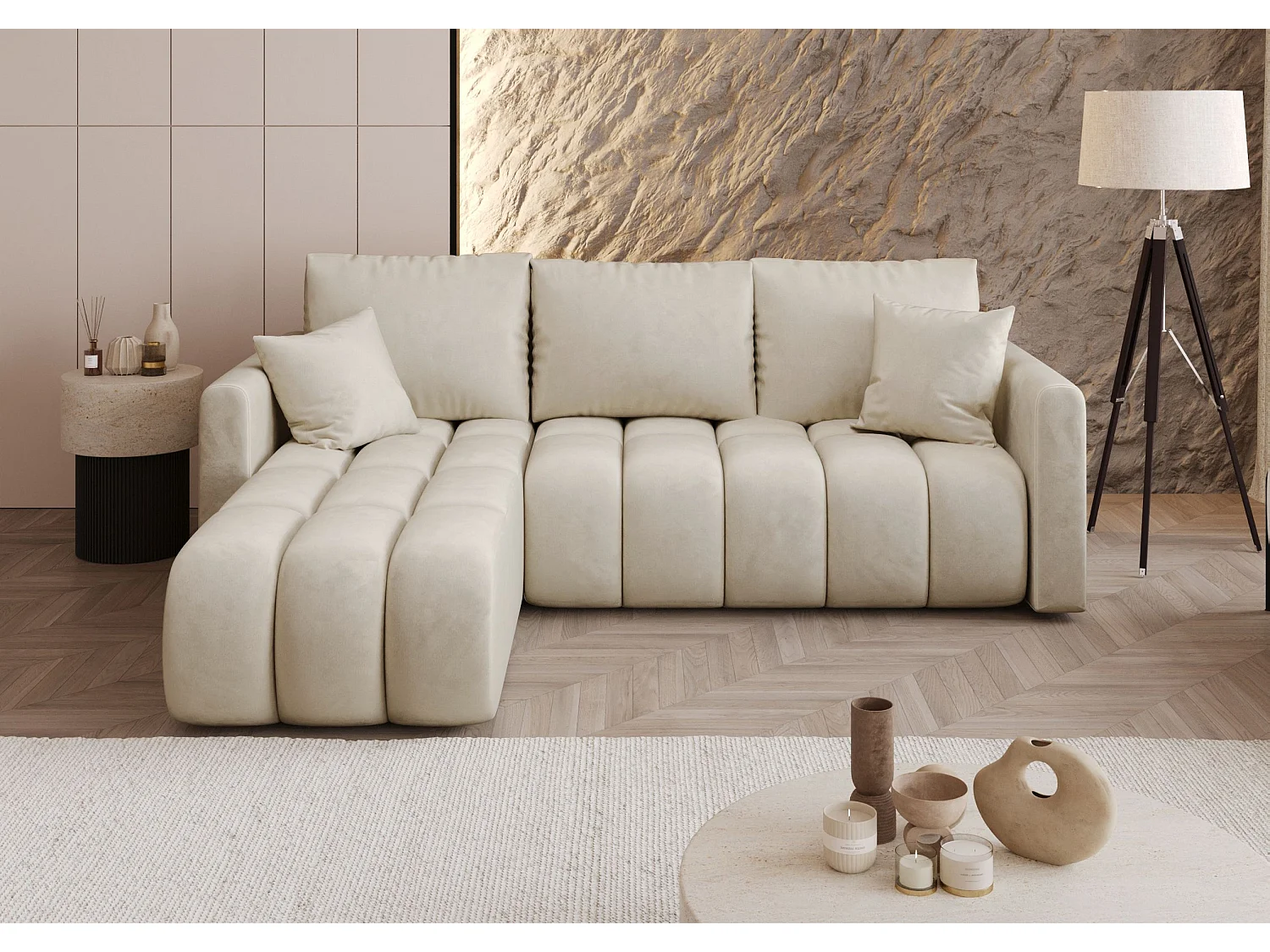 Canapé d'angle GARDA gauche beige velours Monolith 2 - fonction couchage, coffre à literie