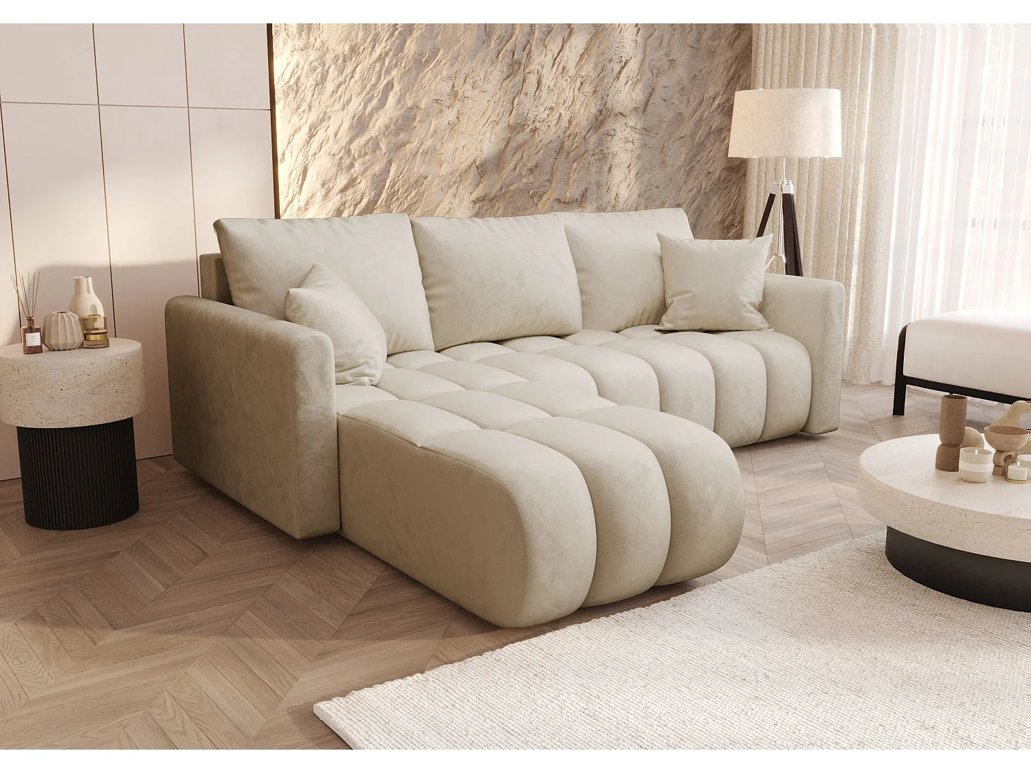 Canapé d'angle GARDA gauche beige velours Monolith 2 - fonction couchage, coffre à literie