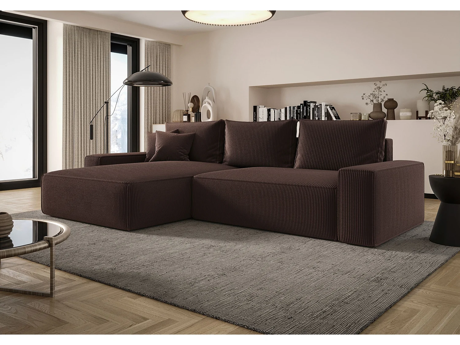 Canapé d'angle CALIFORNIA gauche marron velours côtelé Poso 6 - fonction couchage, coffre à literie